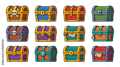 Set of colorful wooden treasure chests with pirate skulls and locks for adventure game interface