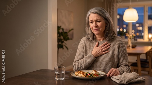 Senior woman suffering from chest pain during dinner, elderly lady feeling unwell with heart attack symptoms, mature female experiencing heartburn or indigestion at home