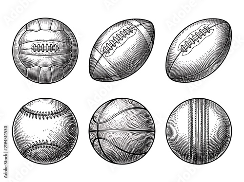 Collection of various sports balls in retro style illustration