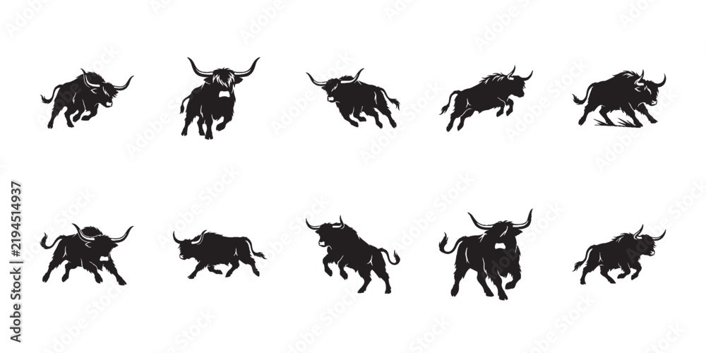 Obraz premium Highland cattle side profile vectors. Group of strong bull silhouette icons showcasing different standing and grazing animal poses.