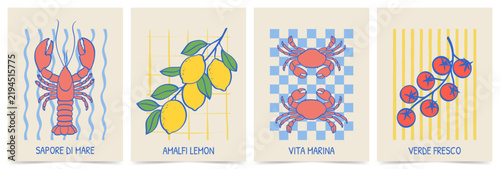 Hand drawn Mediterranean summer card collection featuring lobster, lemons, crabs and tomatoes with blue, yellow and coral colors, decorative patterns and Italian coastal typography.