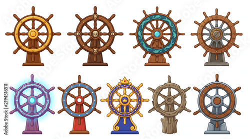 Collection of decorative maritime helm icons including pirate skulls and fantasy ship wheels.