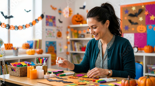 Teacher preparing safe Halloween craft activities in classroom. Smiling woman arranging battery powered candles and decorations