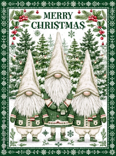 Three Christmas gnomes in green hats with festive forest background