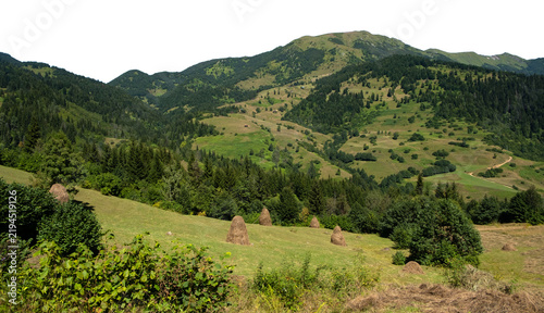 Green Mountain Landscape and Traditional Haystacks Cut Out isolated on transparent background. PNG file.