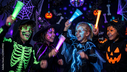 Four happy children in spooky glowing neon costumes and face paint celebrate a vibrant Halloween party together, waving colorful glow sticks in the dark.