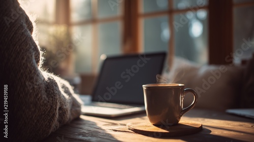 Home Office Scene with Coffee and Notebook Writing