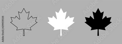 Canada flat symbol maple leaf black, white, black contour outline button samples. Maple leaf layout. Maple leaf silhouette icons. Maple leaf badge, sticker.