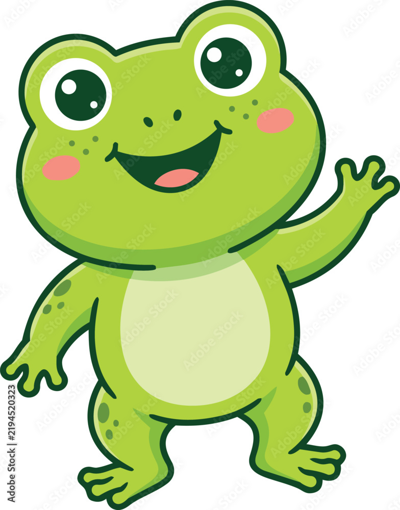 Fototapeta premium Cute green frog cartoon character waving happily with big smiling eyes isolated vector illustration