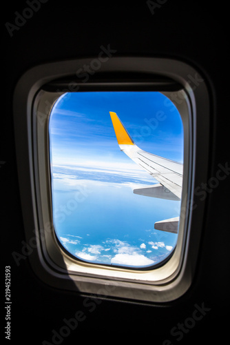 Morning sunrise with Wing of an airplane. Photo applied to tourism operators. picture for add text message or frame website. Traveling concept