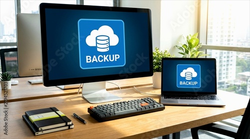 Cloud backup data storage concept on computer screens in modern office