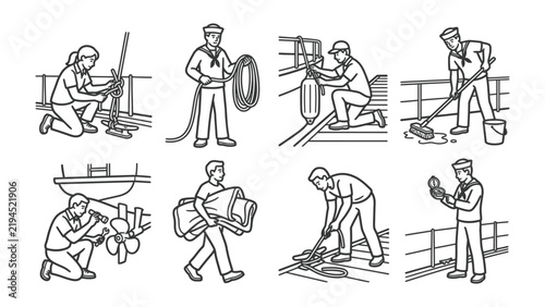 Картината върху платно Nautical Tasks: A collection of eight illustrations depicting sailors performing various maintenance and upkeep duties aboard a vessel, showcasing shipboard operations and crew responsibilities