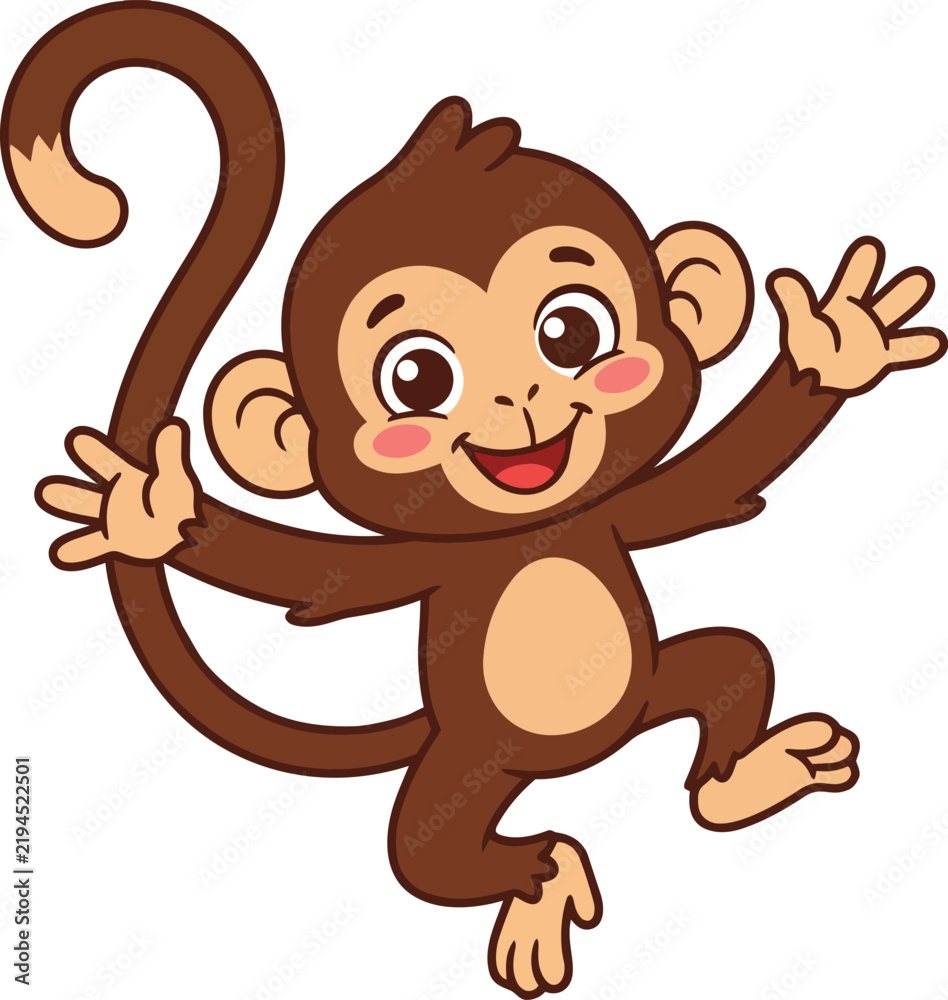 Obraz premium Cute cartoon monkey swinging and smiling happily with a long tail in a playful pose for kids design