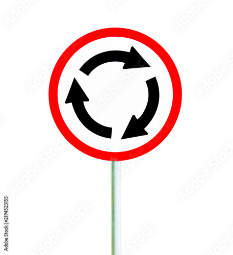 Roundabout crossroad road traffic sign on white background