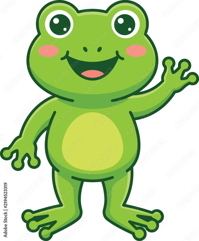 Fototapeta premium A friendly green cartoon frog smiling and waving, vector illustration for children's designs