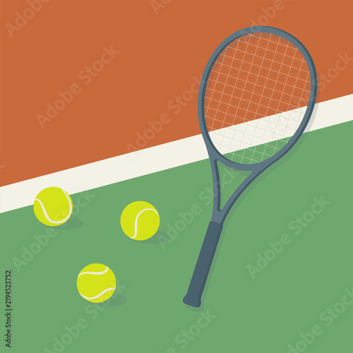 Modern flat illustration of a tennis racket and balls on a green court. Clean minimal design with soft colors, perfect for sports, fitness, training and active lifestyle concepts.