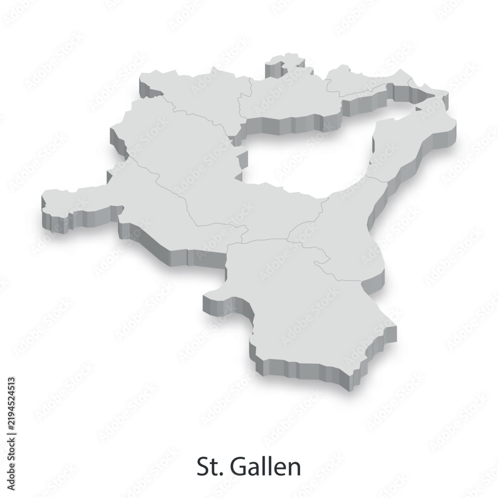 Obraz premium 3D Map of St. Gallen Canton, Switzerland - Administrative Divisions