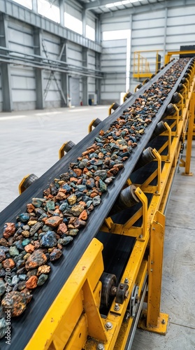 Industrial conveyor belts move excavated raw ore and crushed rock inside a massive processing plant for critical global mineral resource extraction, machinery, raw material, geological resources