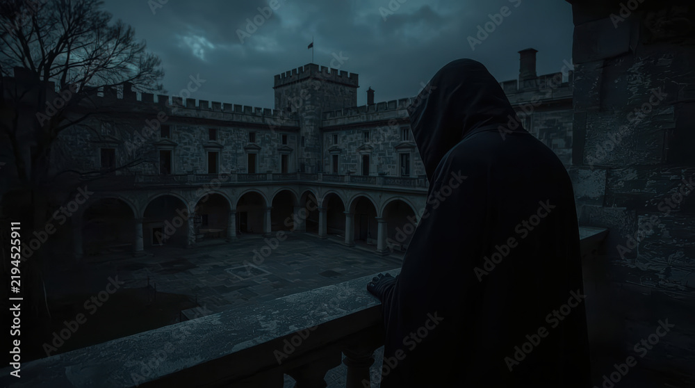 Obraz premium Dark historical castle courtyard with hooded figure viewing stone arches