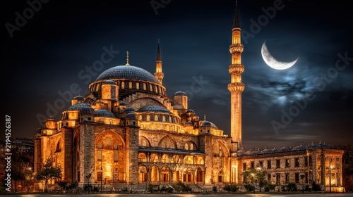 Glowing Mosque Dome and Minaret Under Starry Istanbul Sky
