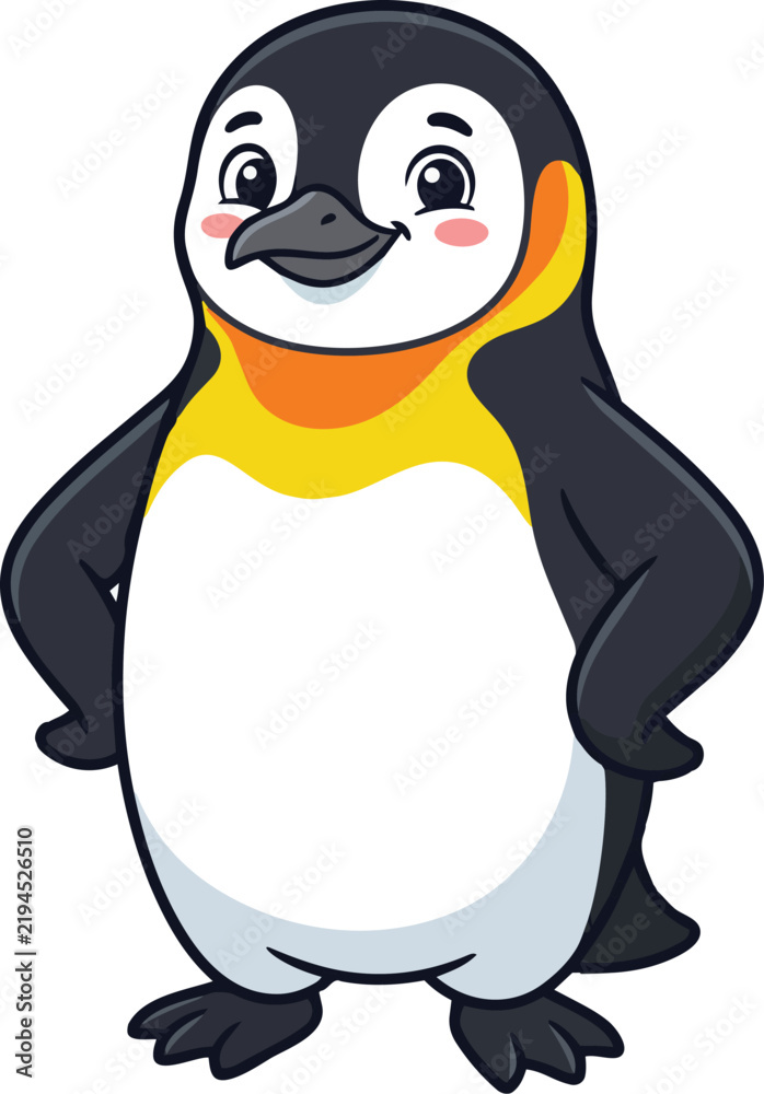 Fototapeta premium Cute little cartoon penguin smiling vector illustration, friendly character design for children