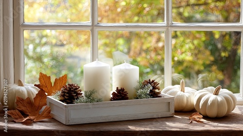 Elegant display of candles with colorful pumpkins and pinecones adds a cozy touch to the autumn season in a bright setting