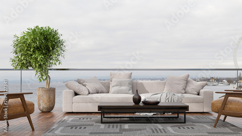 Waterfront Balcony Lounge with Beige Sofa and Harbor View