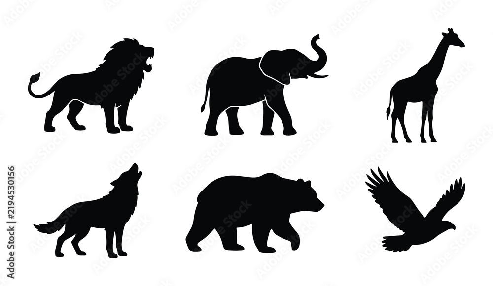 Obraz premium African Wildlife Silhouette Icons: Lion, Elephant, Giraffe, Wolf, Bear, Eagle Vector Set