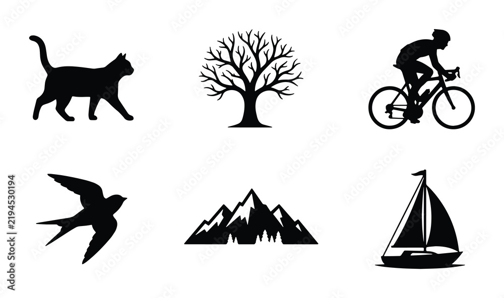 Fototapeta premium Black Silhouette Icons: Cat, Tree, Cyclist, Bird, Mountains, Sailboat Vector Set