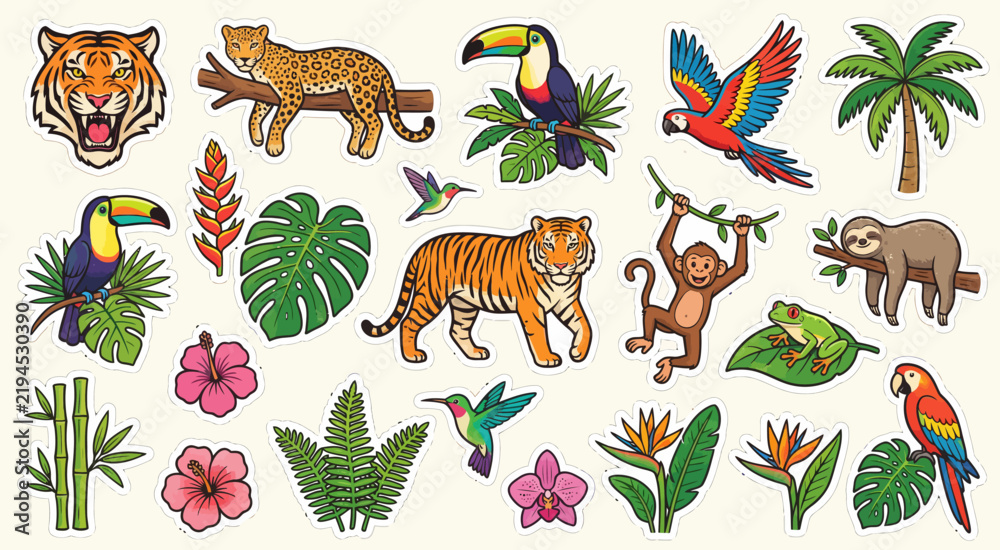 Obraz premium Tropical Jungle Animals and Exotic Plants Illustration Collection