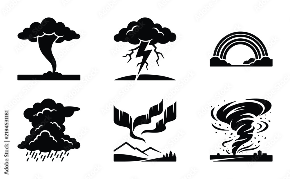 Obraz premium Weather Icons Set: Tornado, Lightning Storm, Rainbow, Rain Cloud, Aurora Borealis, Cyclone