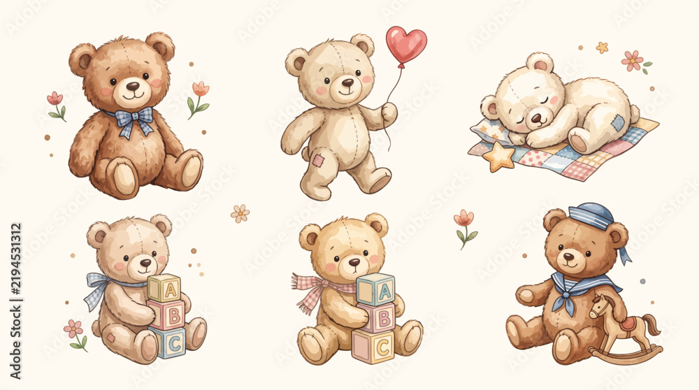 Obraz premium Adorable Watercolor Teddy Bear Collection for Baby Shower and Children's Designs, Cute Nursery Illustrations Set