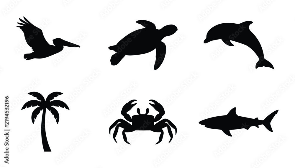 Fototapeta premium Ocean Wildlife Silhouette Icons: Pelican, Turtle, Dolphin, Palm Tree, Crab, Shark Vector Set