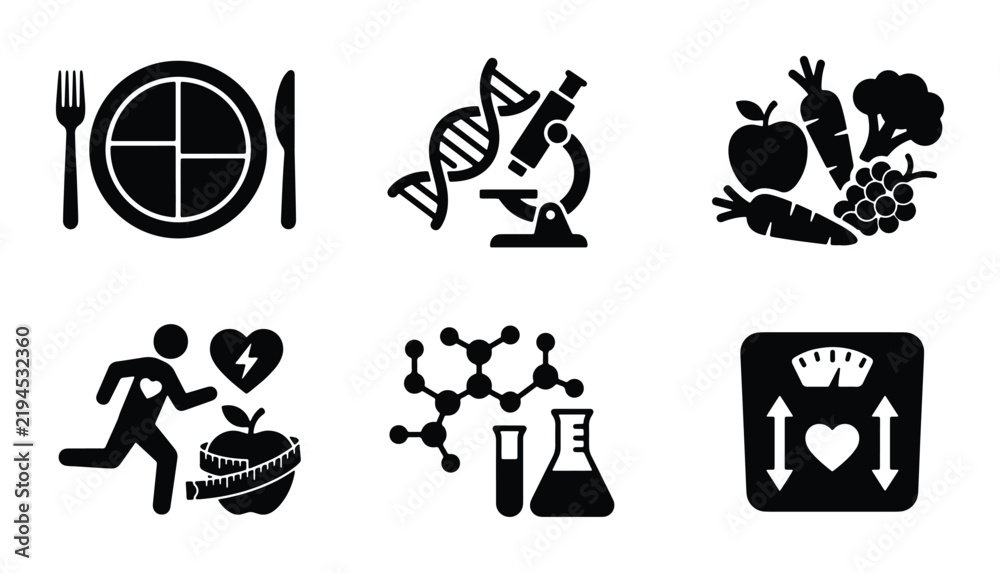 Obraz premium Healthy Lifestyle Icons: Nutrition, Science, Fitness, Weight Loss, Medical Research, Diet