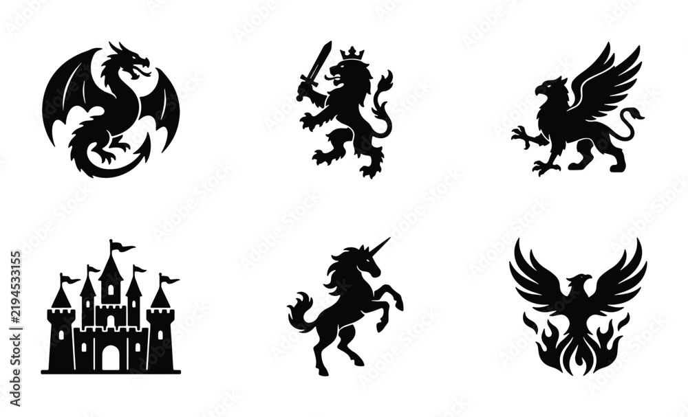 Fototapeta premium Mythical Creatures and Fantasy Symbols Vector Icons: Dragon, Lion, Griffin, Castle, Unicorn, Phoenix