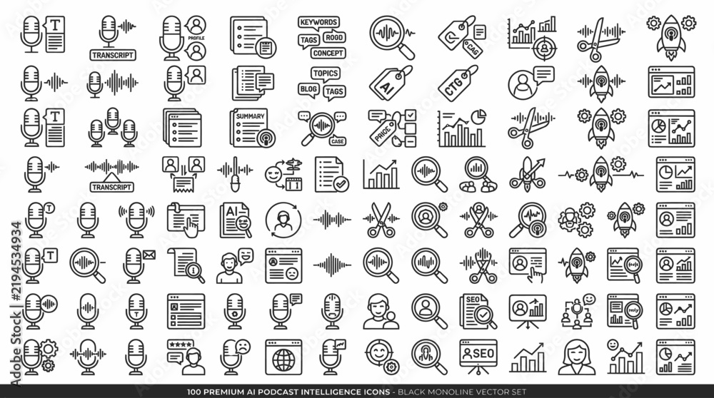 Obraz premium Podcasting and ai icons set