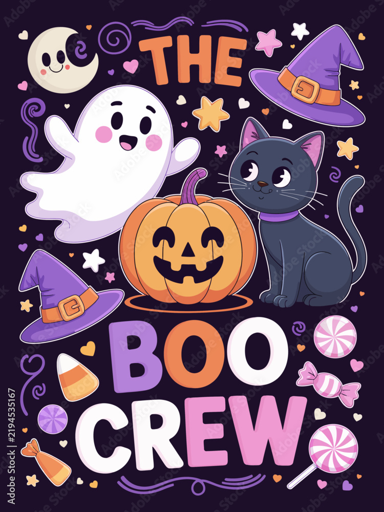 Fototapeta premium The Boo Crew cute Halloween ghost pumpkin black cat candy art