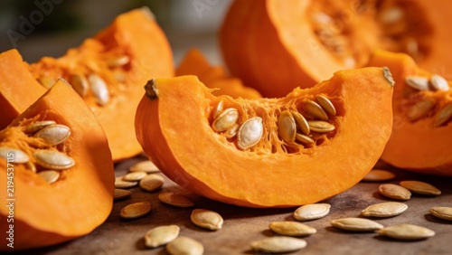 Pumpkin wedges and seeds scattered on table