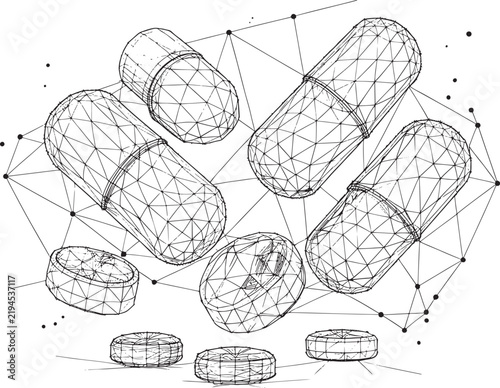 A digital wireframe illustration of various pharmaceutical capsules and tablets floating in the air against a light grey background