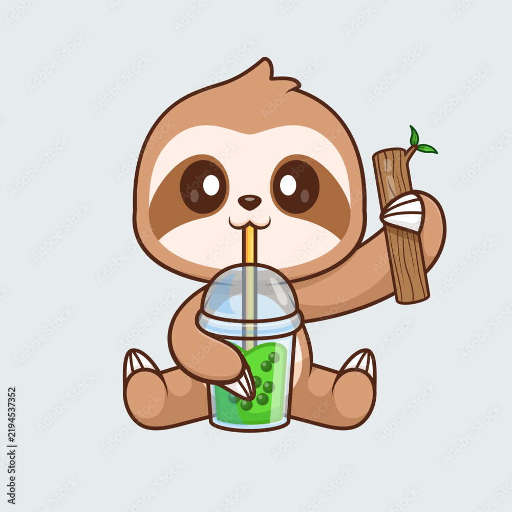 Obraz premium Cute Sloth Drinking Boba Milk Tea With Wood Branch Tree Cartoon