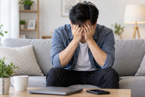 Stressed Man Holding Head in Hands Sad on Sofa
