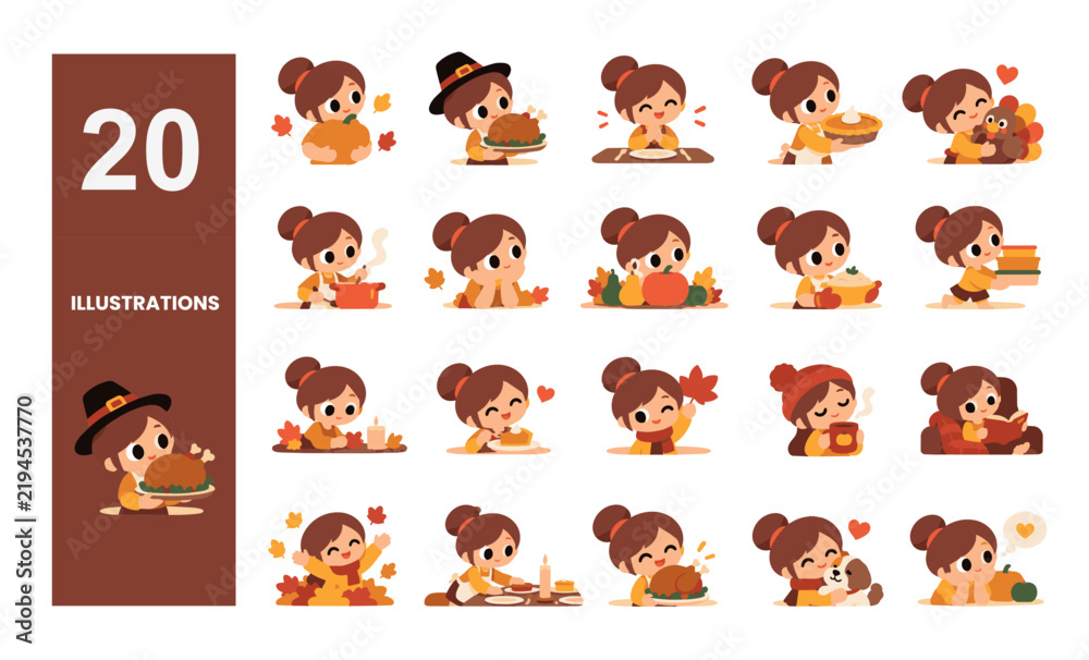 Fototapeta premium Cute Thanksgiving Girl Character Set with Turkey, Pumpkin Pie and Autumn Activities Vector Illustration