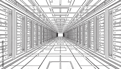A detailed black and white line drawing showing a long perspective view of a modern high tech server room corridor