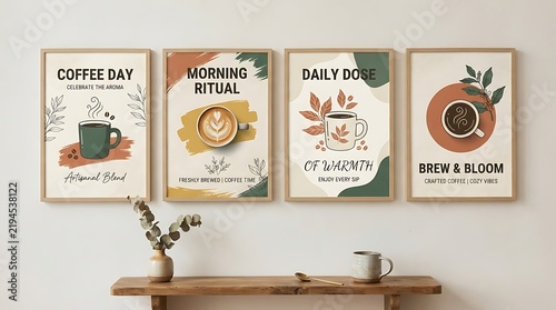 Four framed coffee themed art prints displayed in a row on a plain white wall with illustrations typography arranged arranged linearly