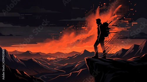 traveler silhouette dissolving into digital particles on a mountain cliff