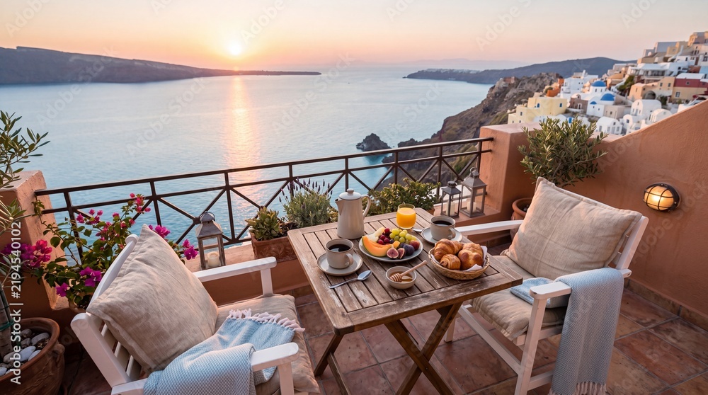 Fototapeta premium mediterranean balcony breakfast overlooking the sea in warm morning light