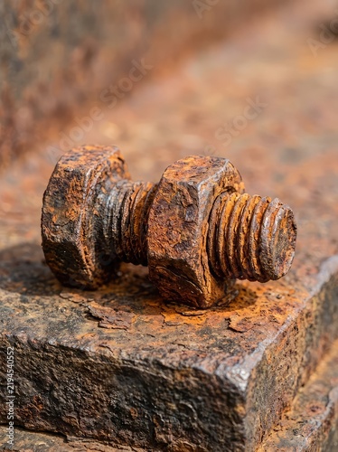 A heavily corroded metal bolt and hexagonal nut fastened tightly together on weathered iron, showing flaking rust and texture in daylight, iron, detail, corroded