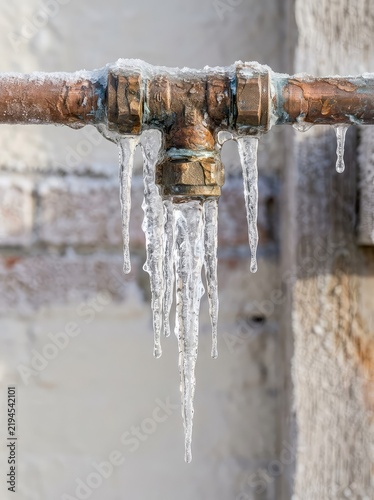 Detailed close-up showing a frozen residential copper pipe with large, sharp icicles dangling below the joint after a winter freeze, ice damage, close-up photography, freezing conditions