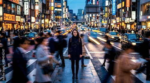 Woman Standing Motionless in Blurred Crowded City Street