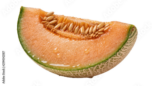 Obraz na plátně Juicy cantaloupe slice with visible seeds and textured rind, isolated on transpa